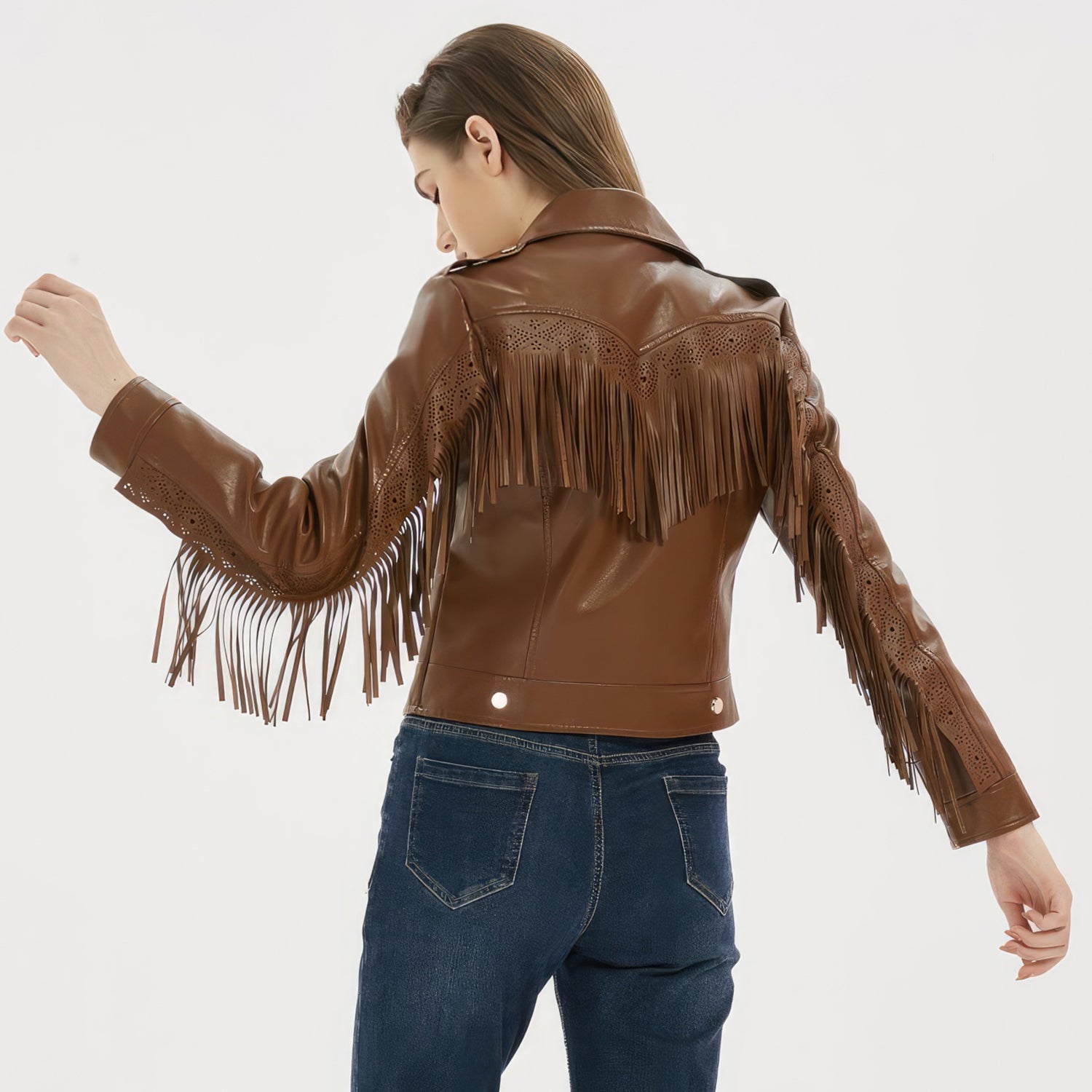 Veste en cuir véritable de mouton marron pour femme avec bordure à franges