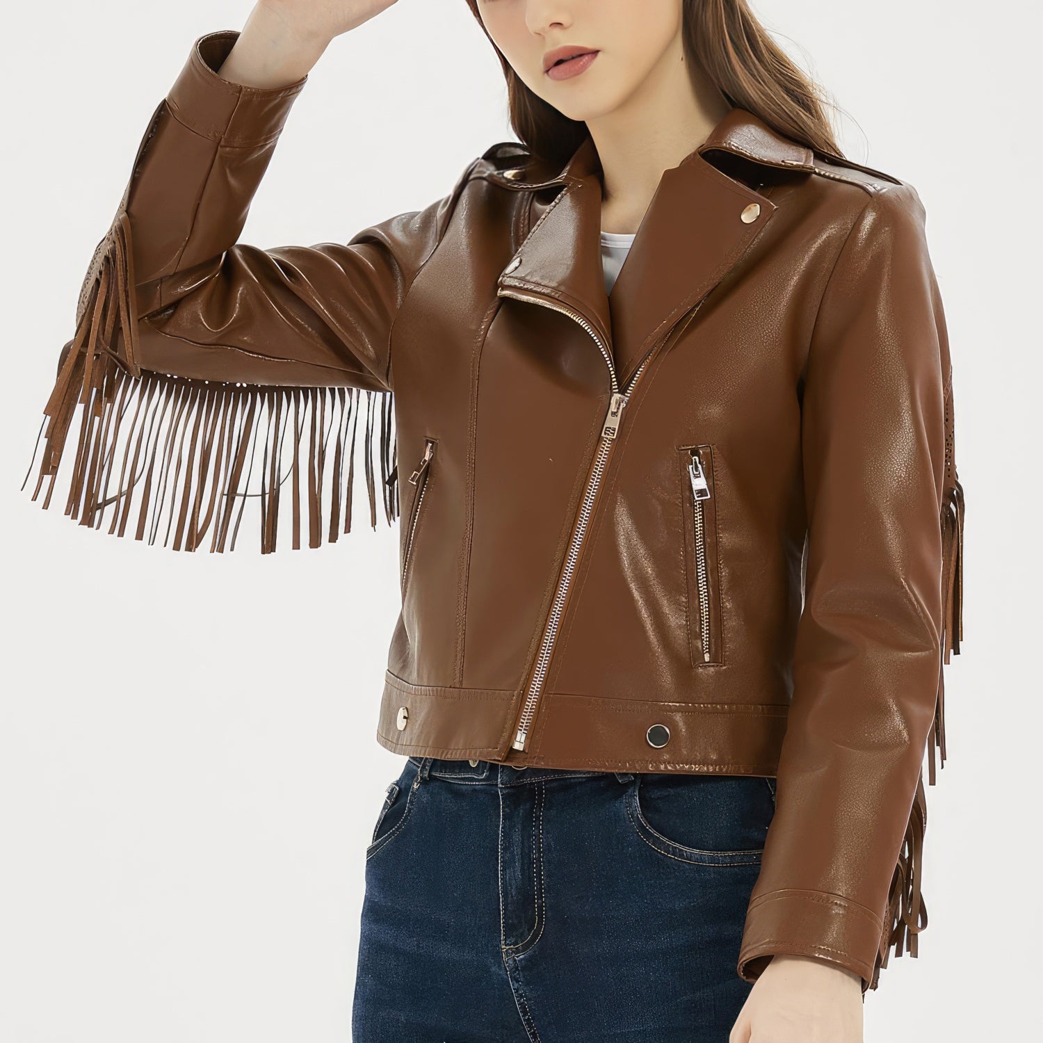 Veste en cuir véritable de mouton marron pour femme avec bordure à franges