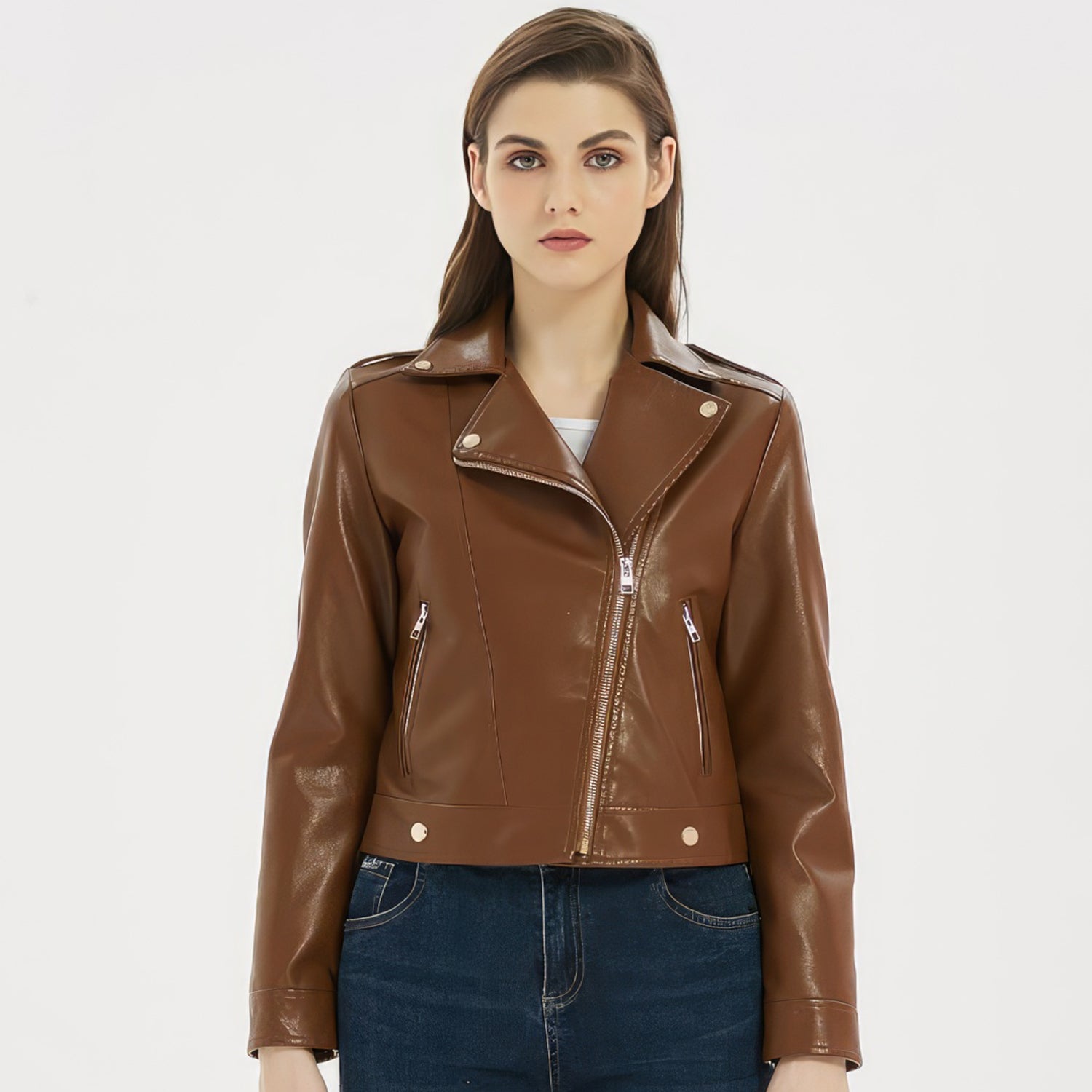 Veste en cuir véritable de mouton marron pour femme avec bordure à franges