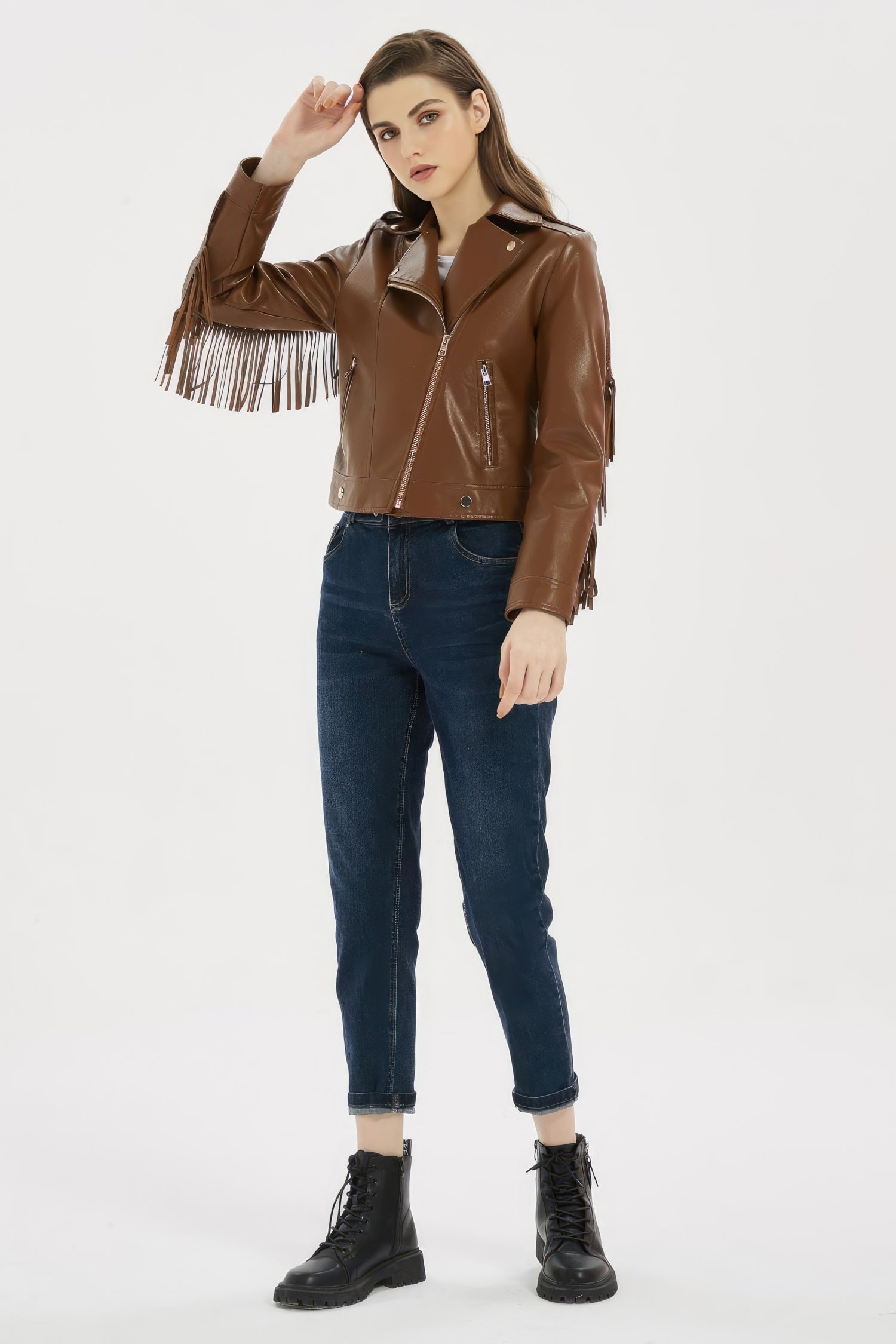 Veste en cuir véritable de mouton marron pour femme avec bordure à franges