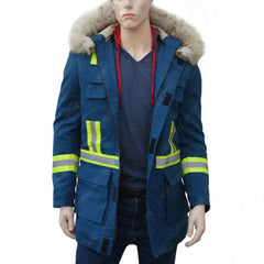 Parka bleue à capuche pour homme avec doublure en fourrure sherpa