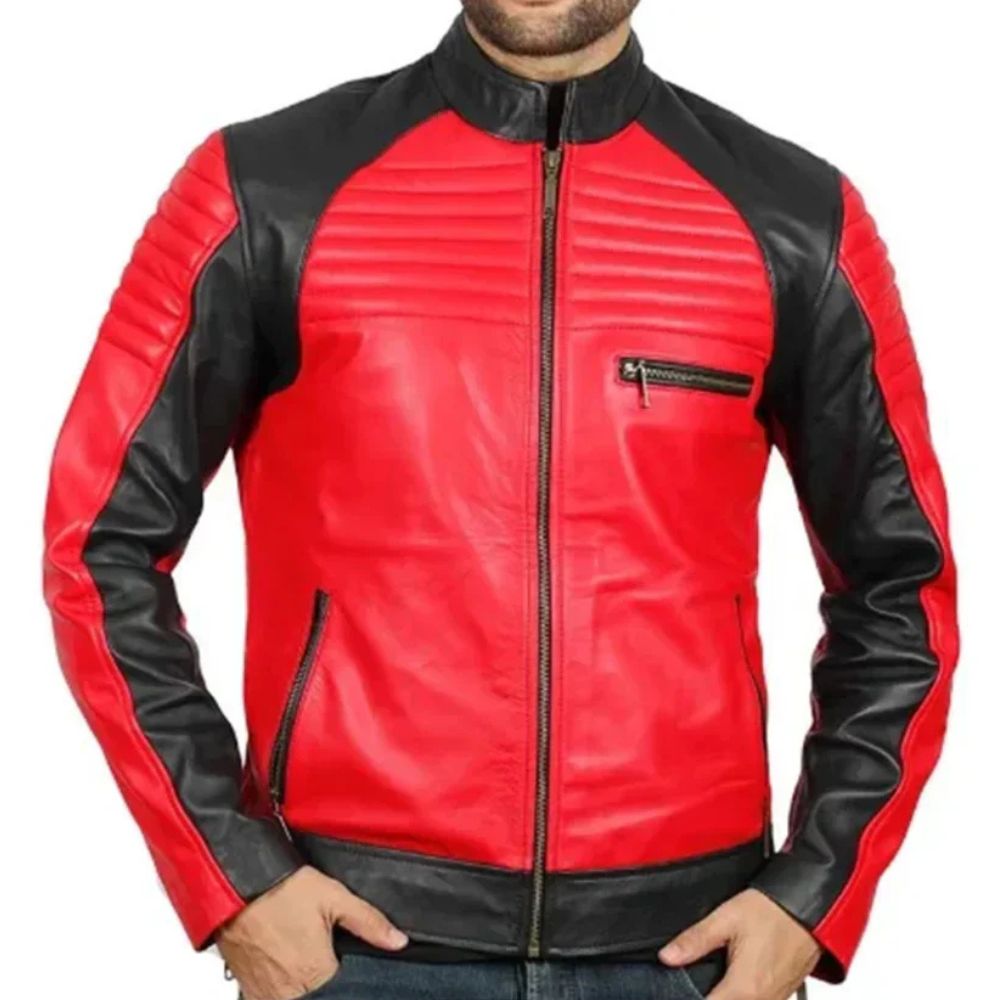 Men's Black-Red Contrast Motorcycle Sheepskin Leather Jacket