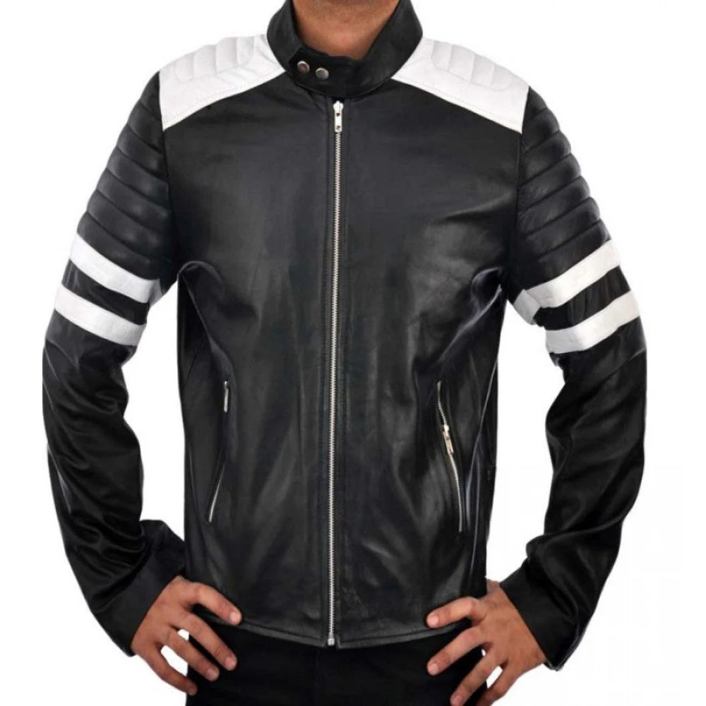 Men's Café Racer Vintage Black White-Stripes Sheepskin Leather Jacket