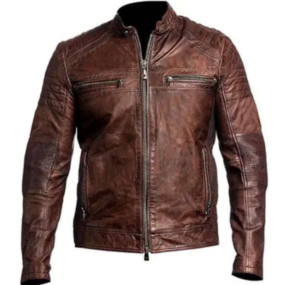 Men's Distressed Brown Café Racer Genuine Lambskin Leather Jacket