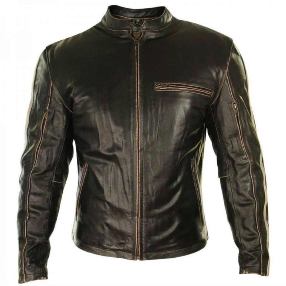 Men's Distressed Vintage Café Racer Lambskin Rustic Brown leather Jacket