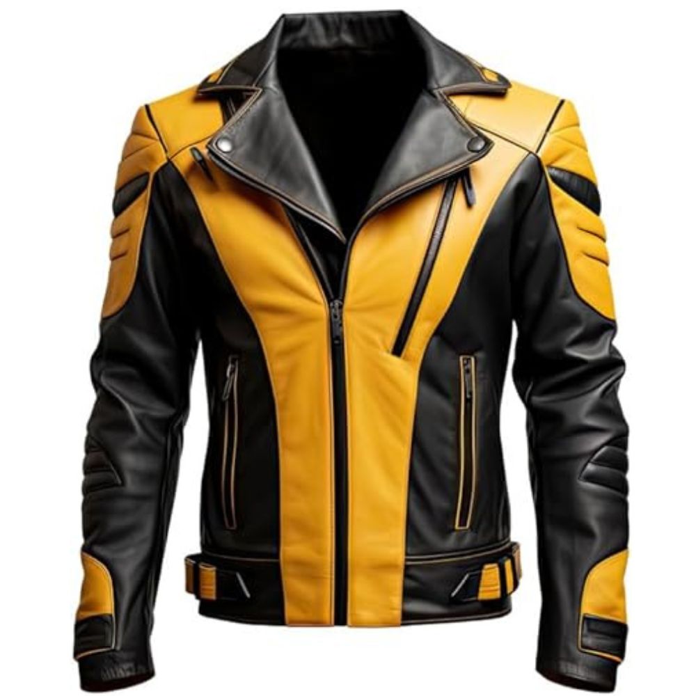 Veste de moto en cuir vieilli jaune et noir pour homme