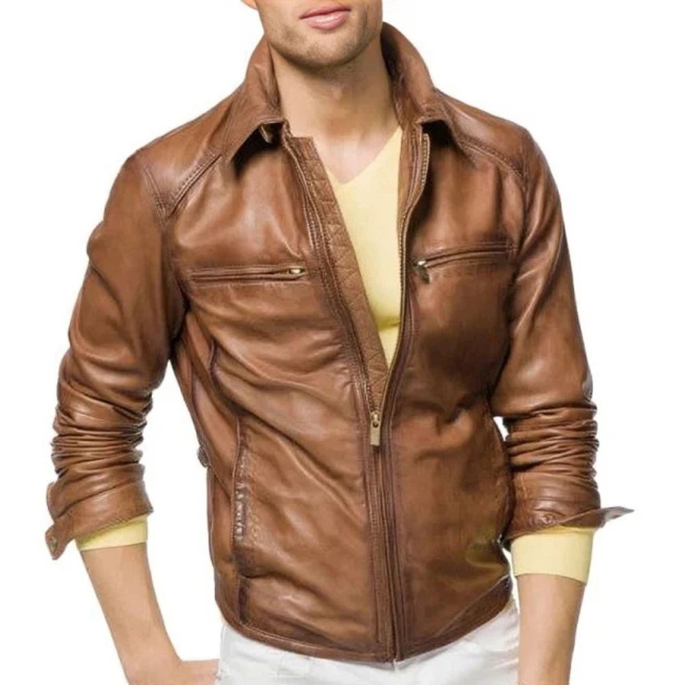 Men's Fight Club Wax Tan Brown Sheepskin Leather Jacket