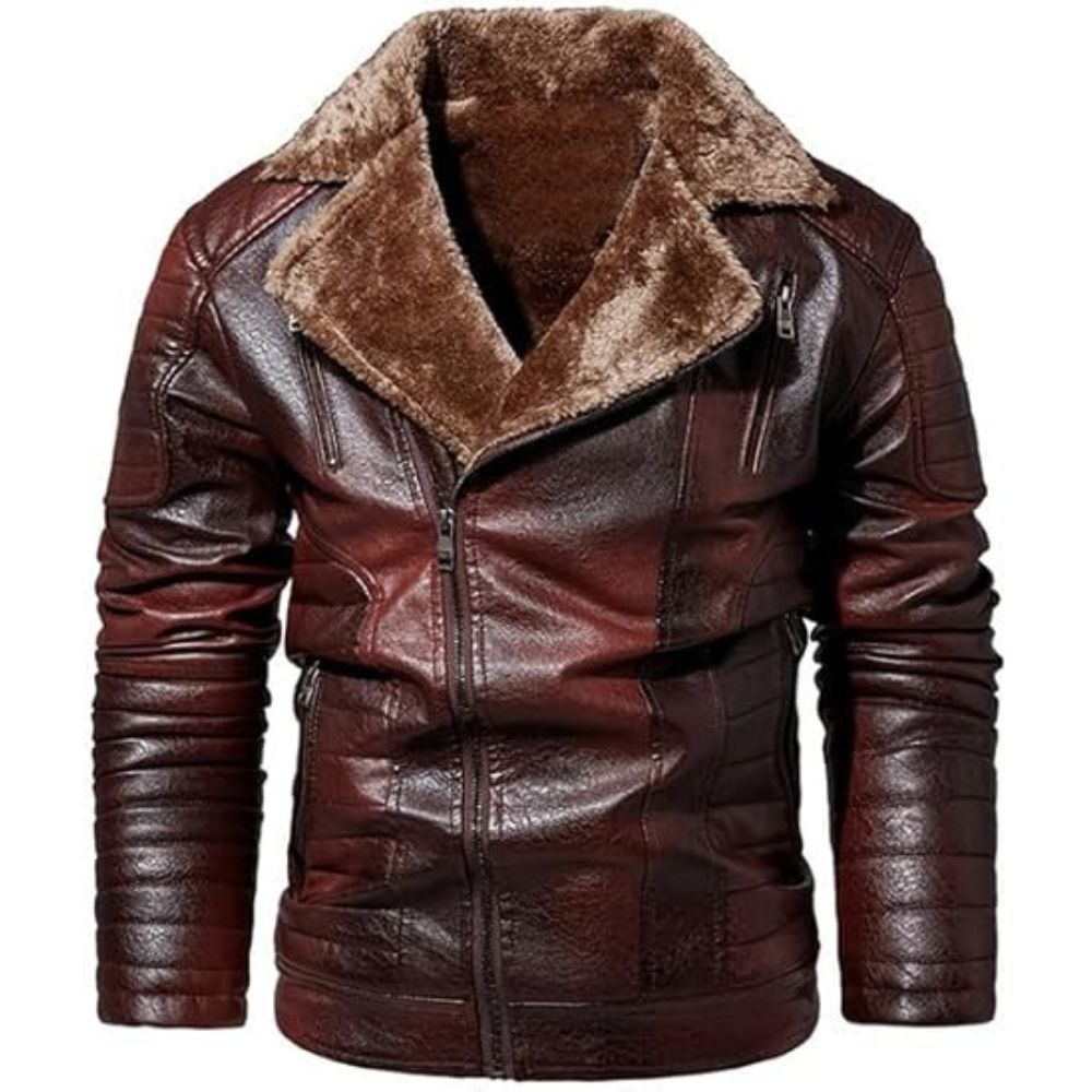 Men's Genuine Sheepskin Leather Brown Biker Jacket with Faux Fur