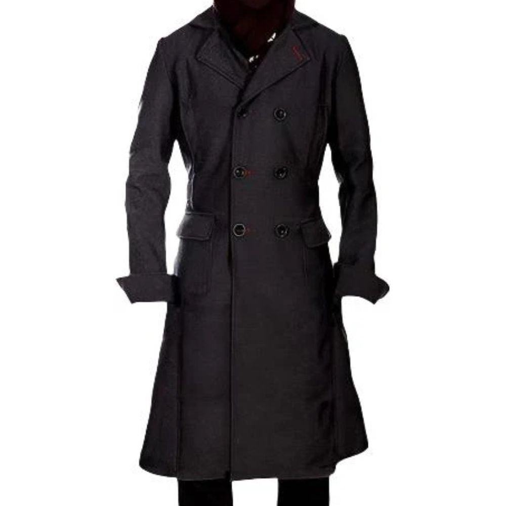 Trench-coat long croisé en coton gris noir pour homme