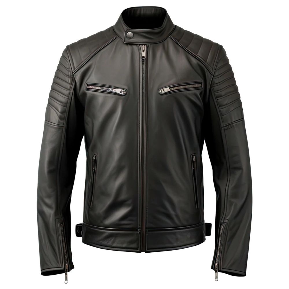 Men’s Moto Café Racer Black Quilted Genuine Sheepskin Leather Jacket