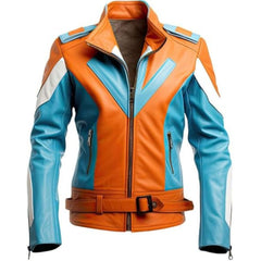 Veste de motard en cuir de mouton véritable à rayures orange et bleu pour homme