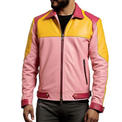 Veste en cuir véritable à col de chemise en peau de mouton rose et jaune pour homme