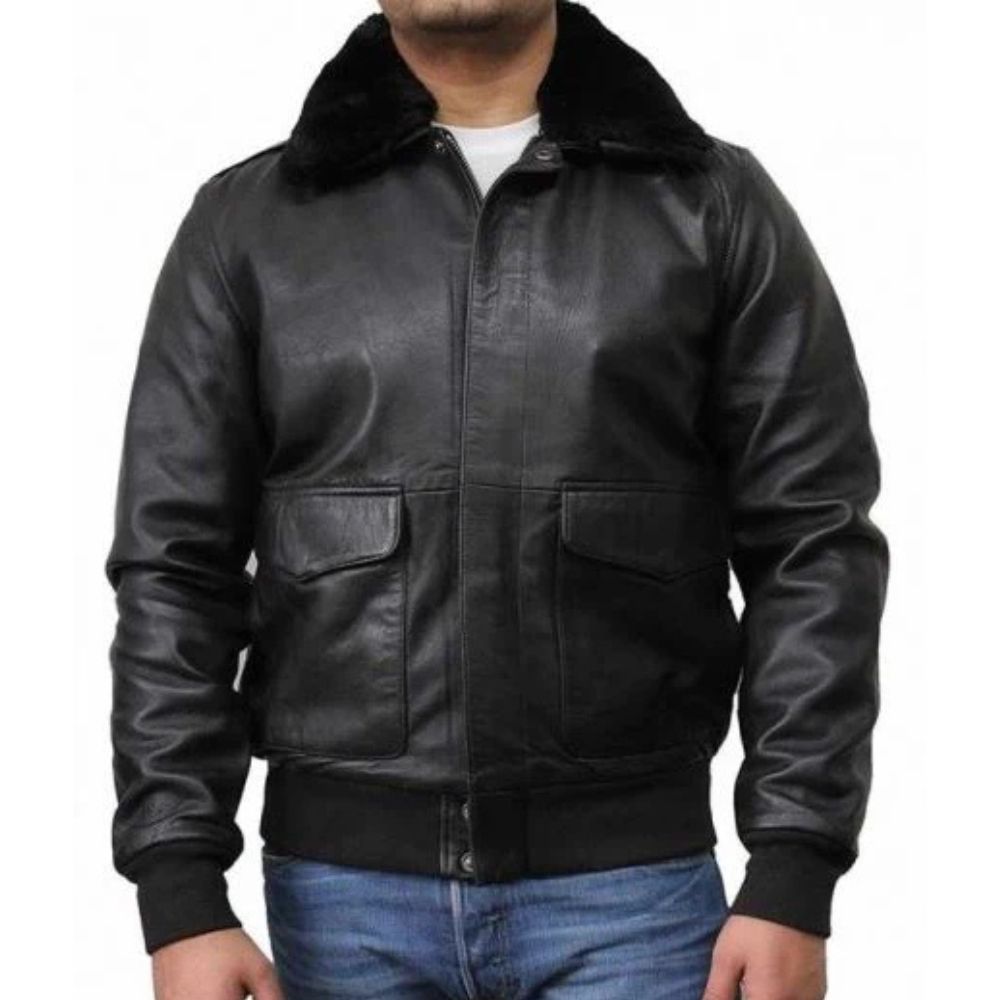Premium Bomberjacke aus schwarzem Rindsleder mit Sherpa-Futter für Herren