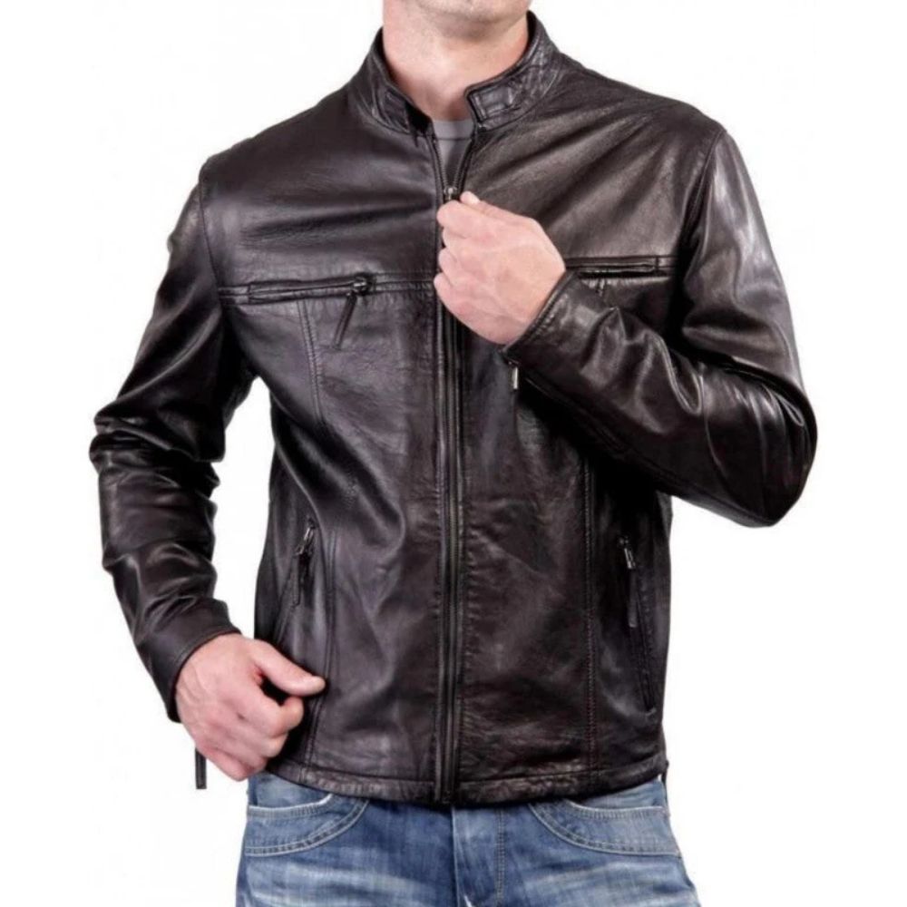 Men's Brown Racer Slim-fit Vintage Sheepskin Leather Jacket