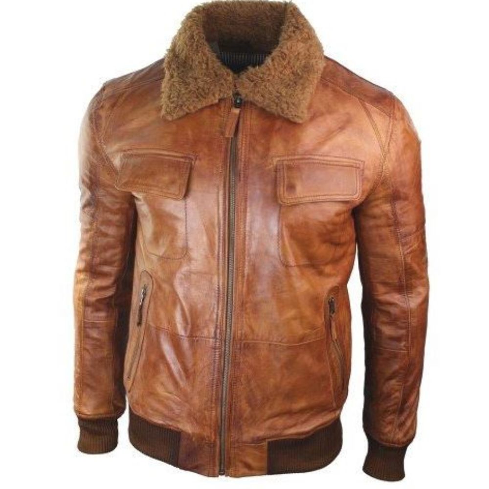 Bomberjacke aus braunem Leder im Used-Look mit abnehmbarem Pelzkragen für Herren