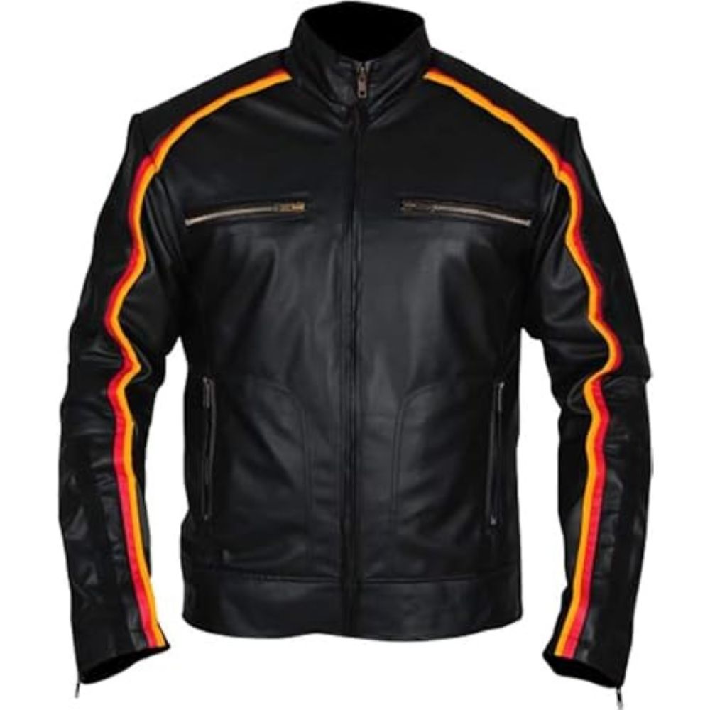 Veste en cuir de mouton noir style moto rétro pour homme