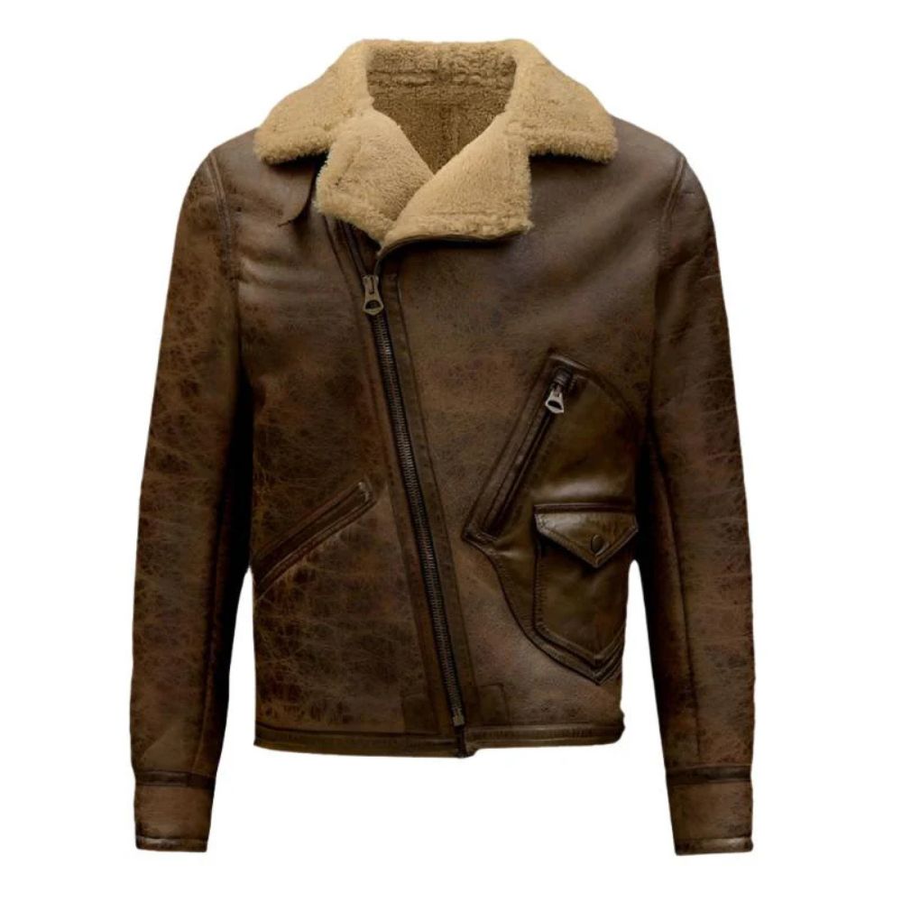 Men's Rugged-off Distressed Brown Sherpa-Lined Cowhide Leather Jacket