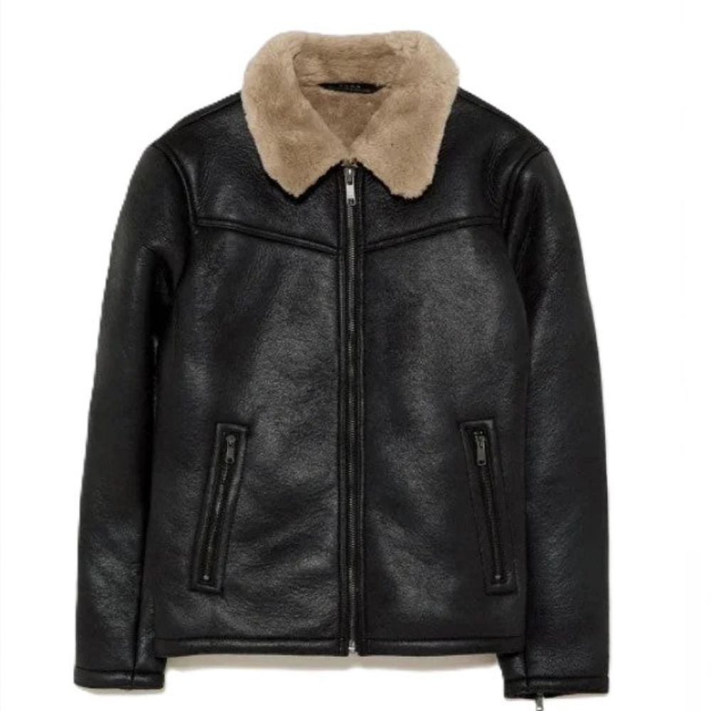 Men's  Black Sherpa Fur Collar Genuine Sheepskin Leather jacket
