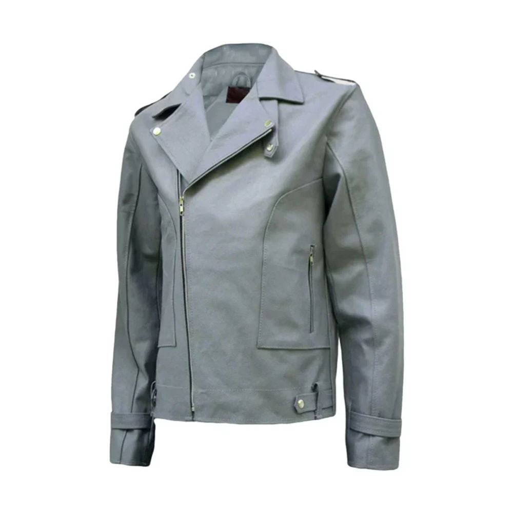 Men's Vintage-Style Biker Lapel-Collar Grey Lambskin Leather Jacket