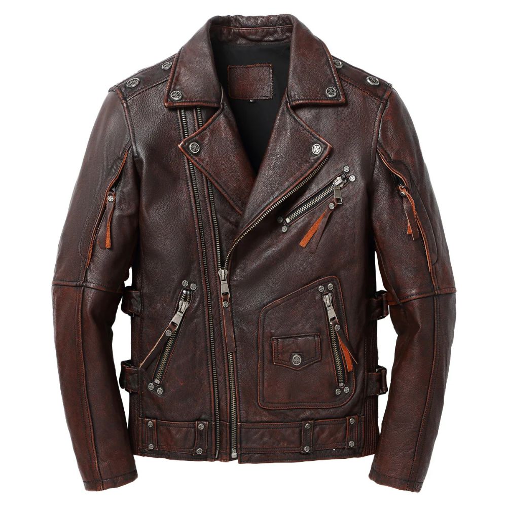 Men's Vintage Distressed Brown Brando Biker Cowhide Leather Jacket