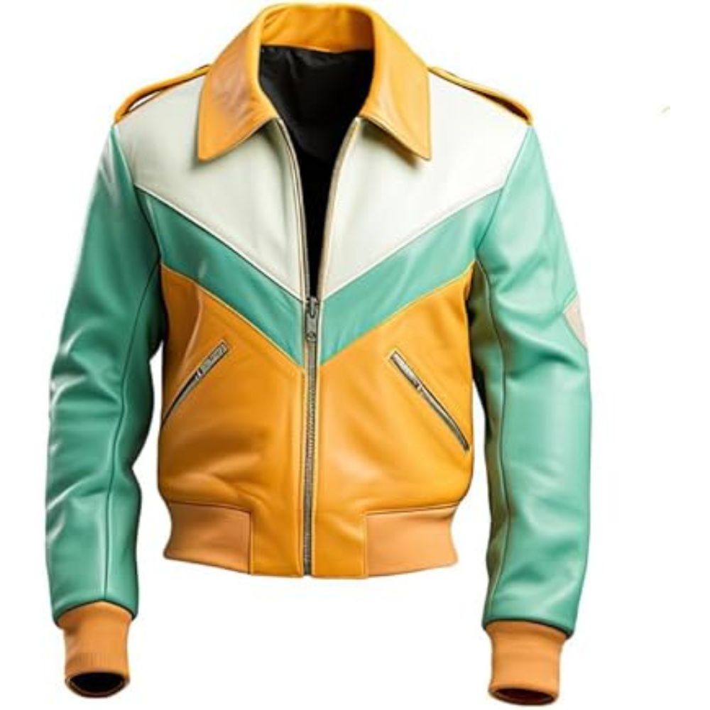 Blouson aviateur en cuir jaune et vert menthe pour homme