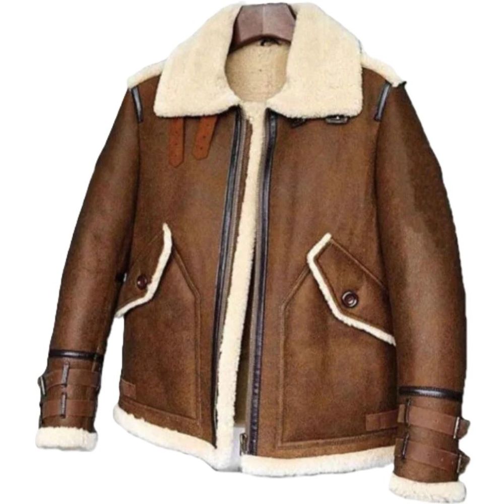 Veste d'hiver en cuir de mouton marron riche pour homme