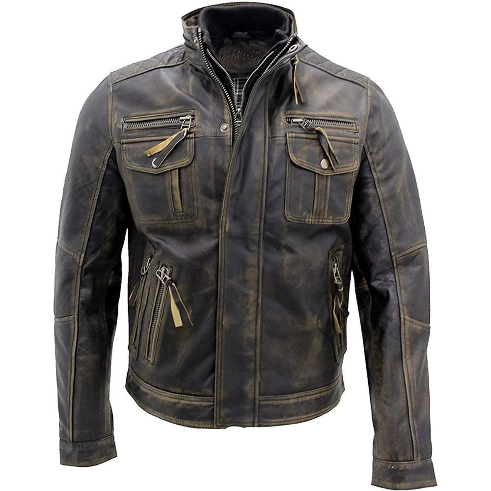 Herren Vintage Café Racer Distressed Moto Lederjacke in Braun