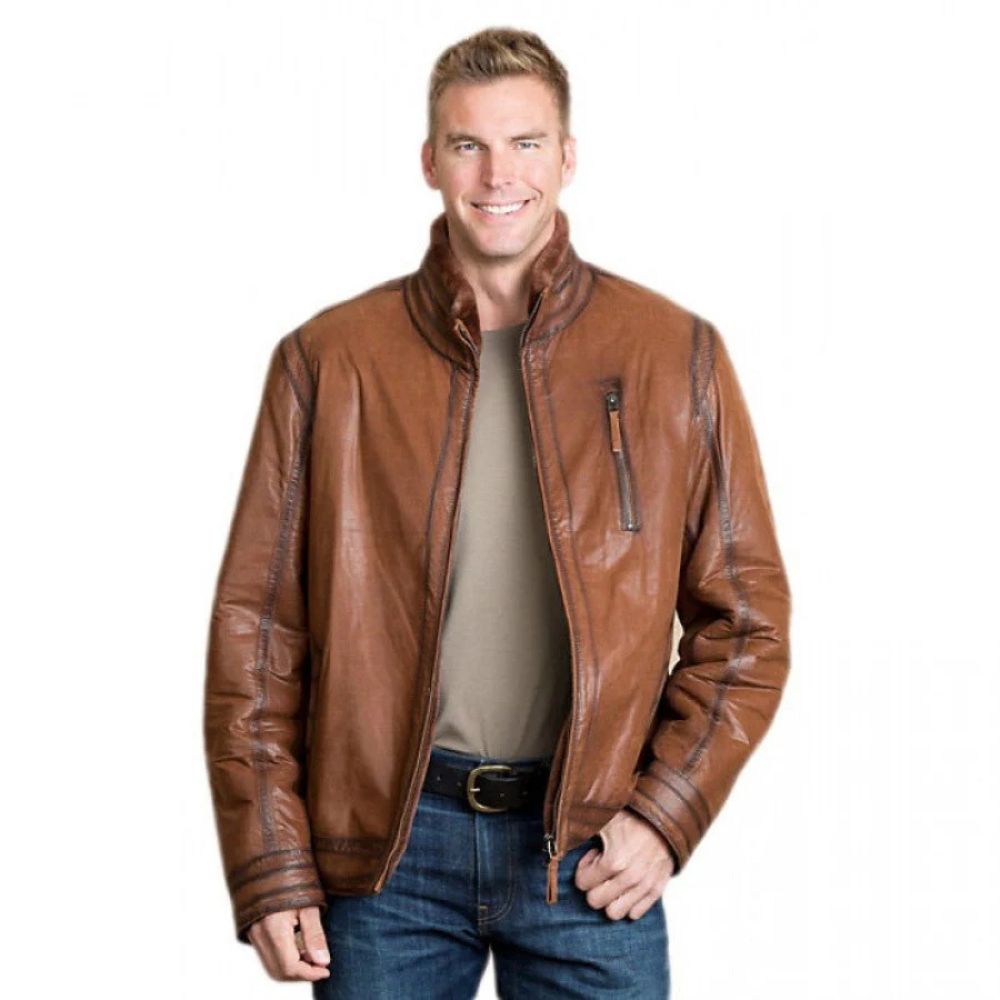 Veste unisexe en cuir de mouton véritable marron d'inspiration vintage Accents