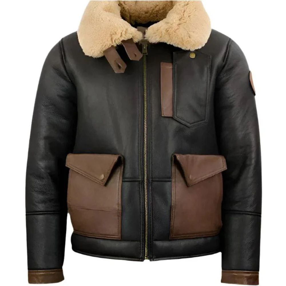 Veste aviateur unisexe en cuir de mouton marron doublée de fourrure Sherpa Bomber