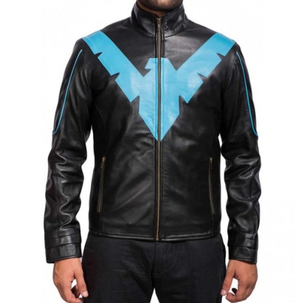 Veste en cuir slim noire à motif bleu V-Shape pour homme