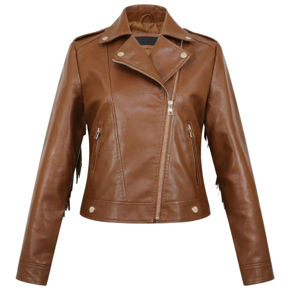 Veste en cuir véritable de mouton marron pour femme avec bordure à franges