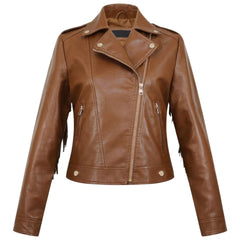 Veste en cuir véritable de mouton marron pour femme avec bordure à franges