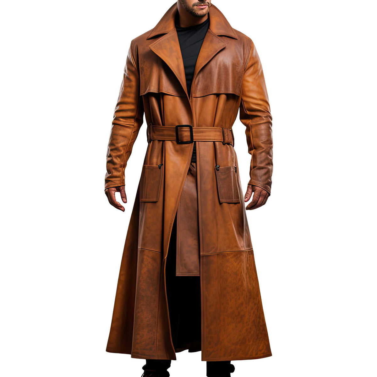 Men’s Distressed Brown Vintage Classic Duster Long Sheepskin Leather Coat