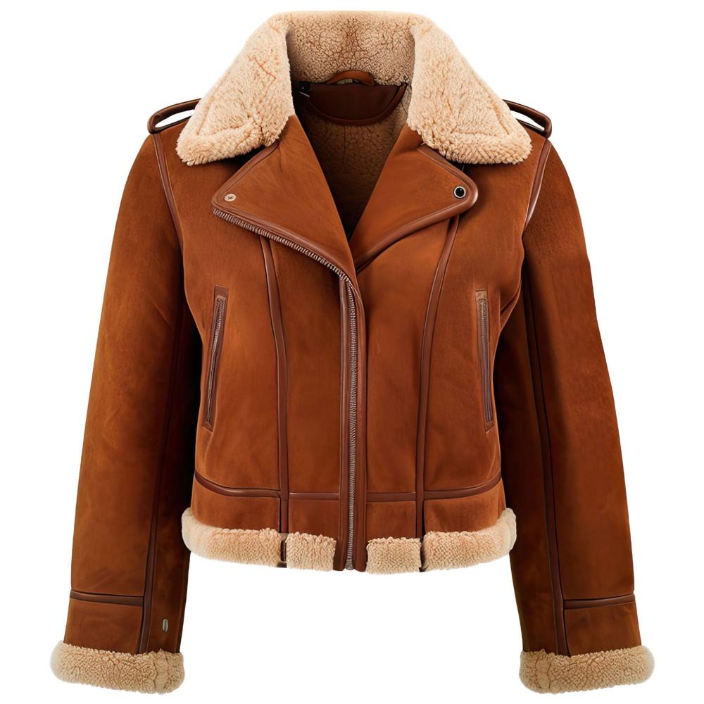 Women’s B3 Chocolate Brown Genuine Suede Sherpa Collar Leather Jacket