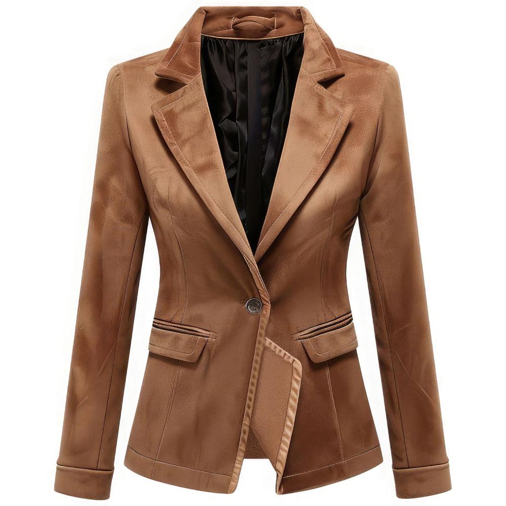 Women’s Light Brown Suede Notch Lapel-Collar Semi-Formal Leather Blazer